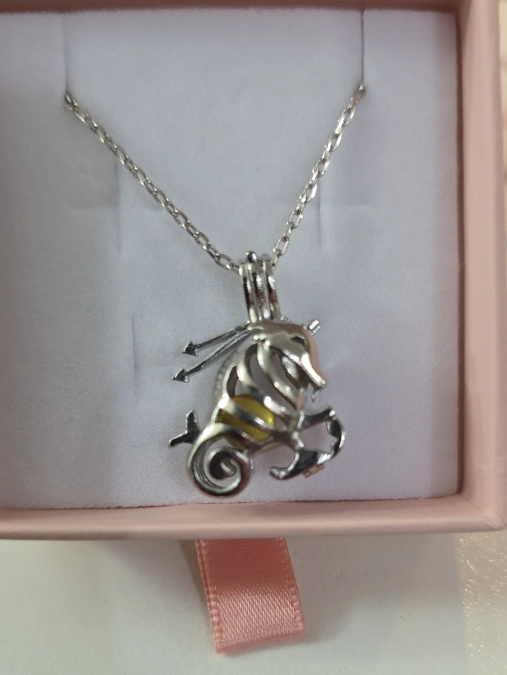 Silver Sea Horse Pearl Cage Necklace with Yellow Pearl - Pearl Time